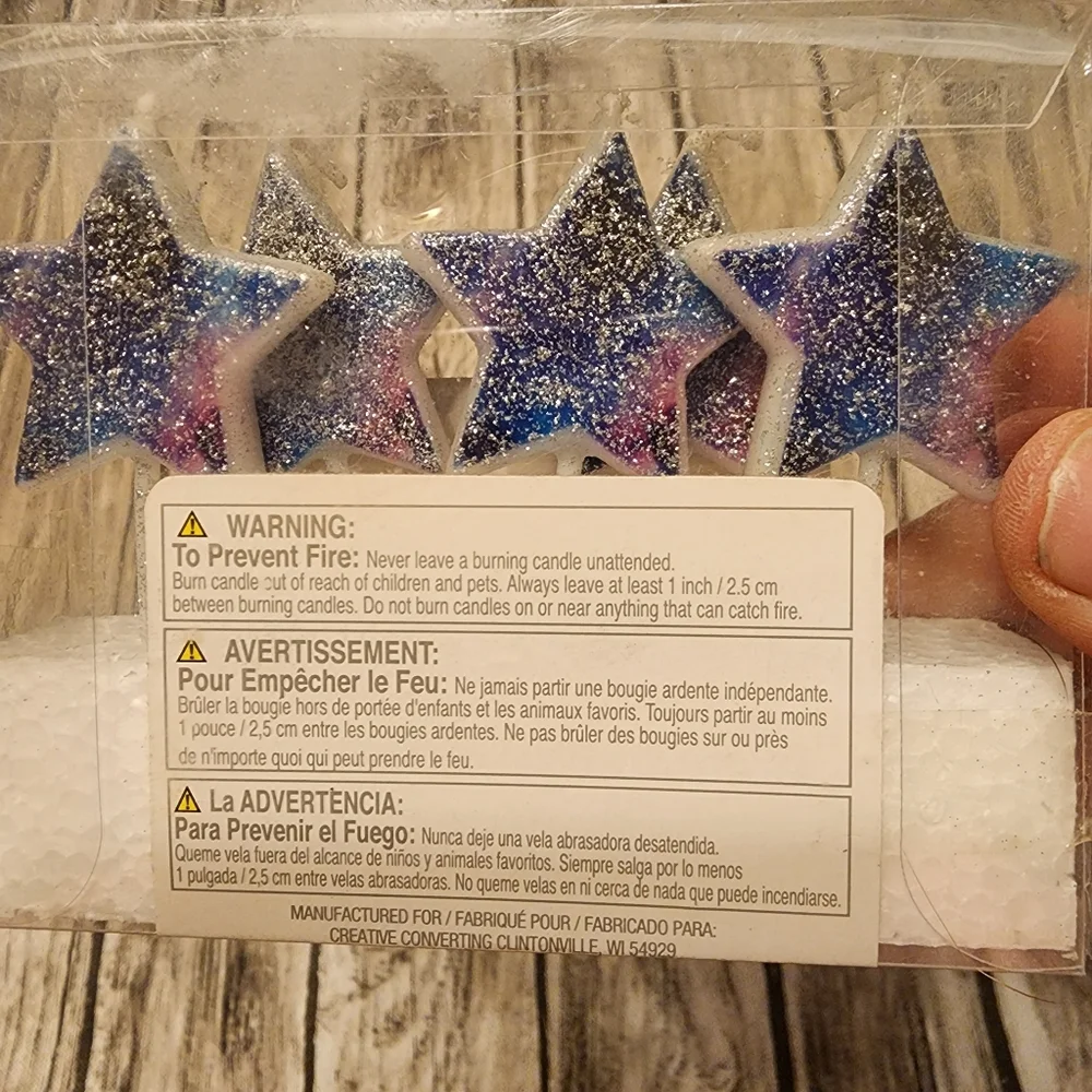 Star birthday cake candles, Blue and purple glitter, set of 5.